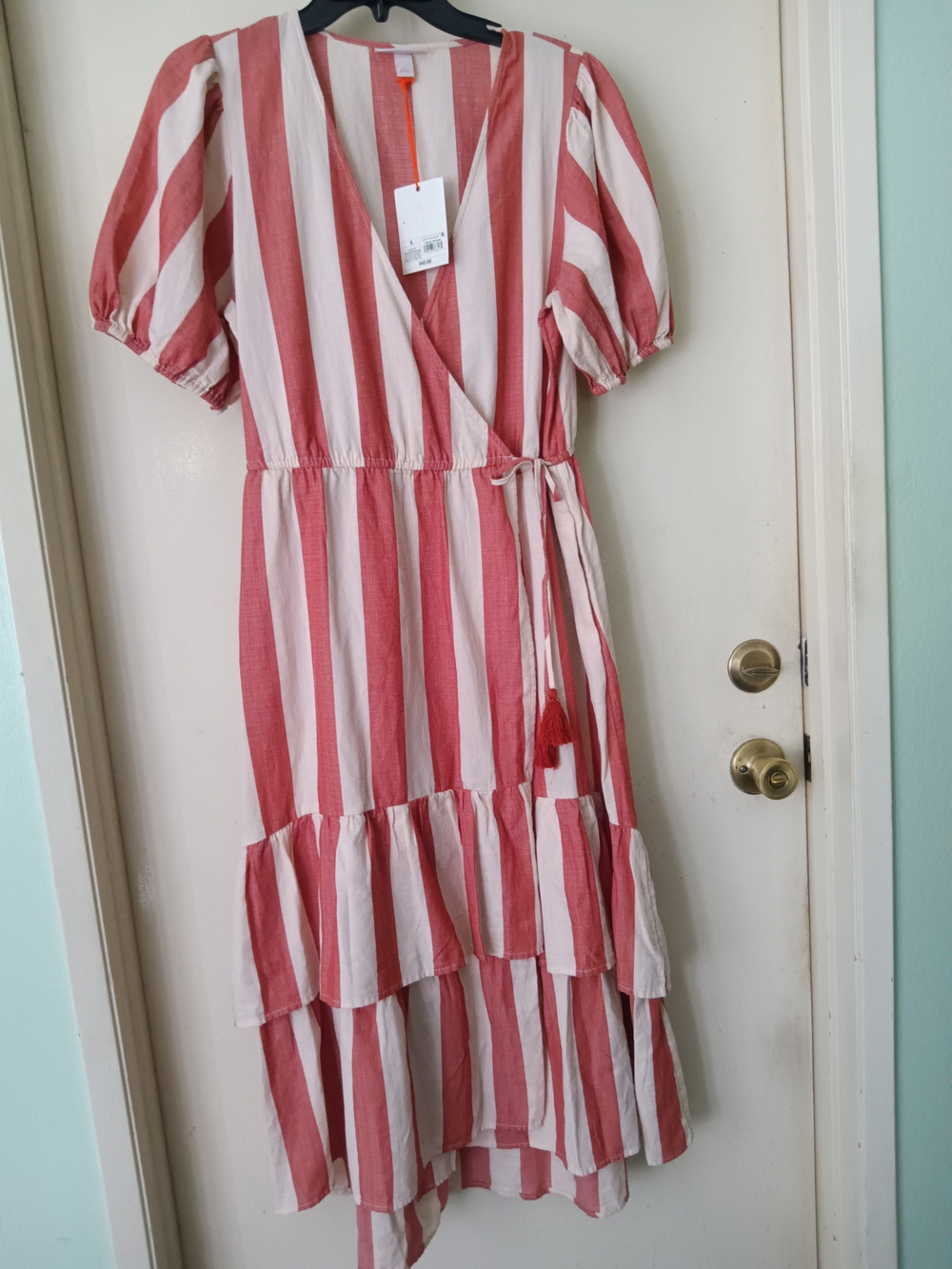 Knox Rose Coral and White Striped Wrap Midi Dress Saze S
